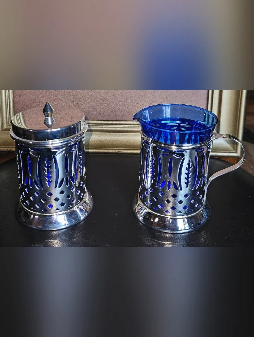 Vintage Avon Royal Sapphire Sugar and Creamer Set Cobalt Blue Glass Inserts